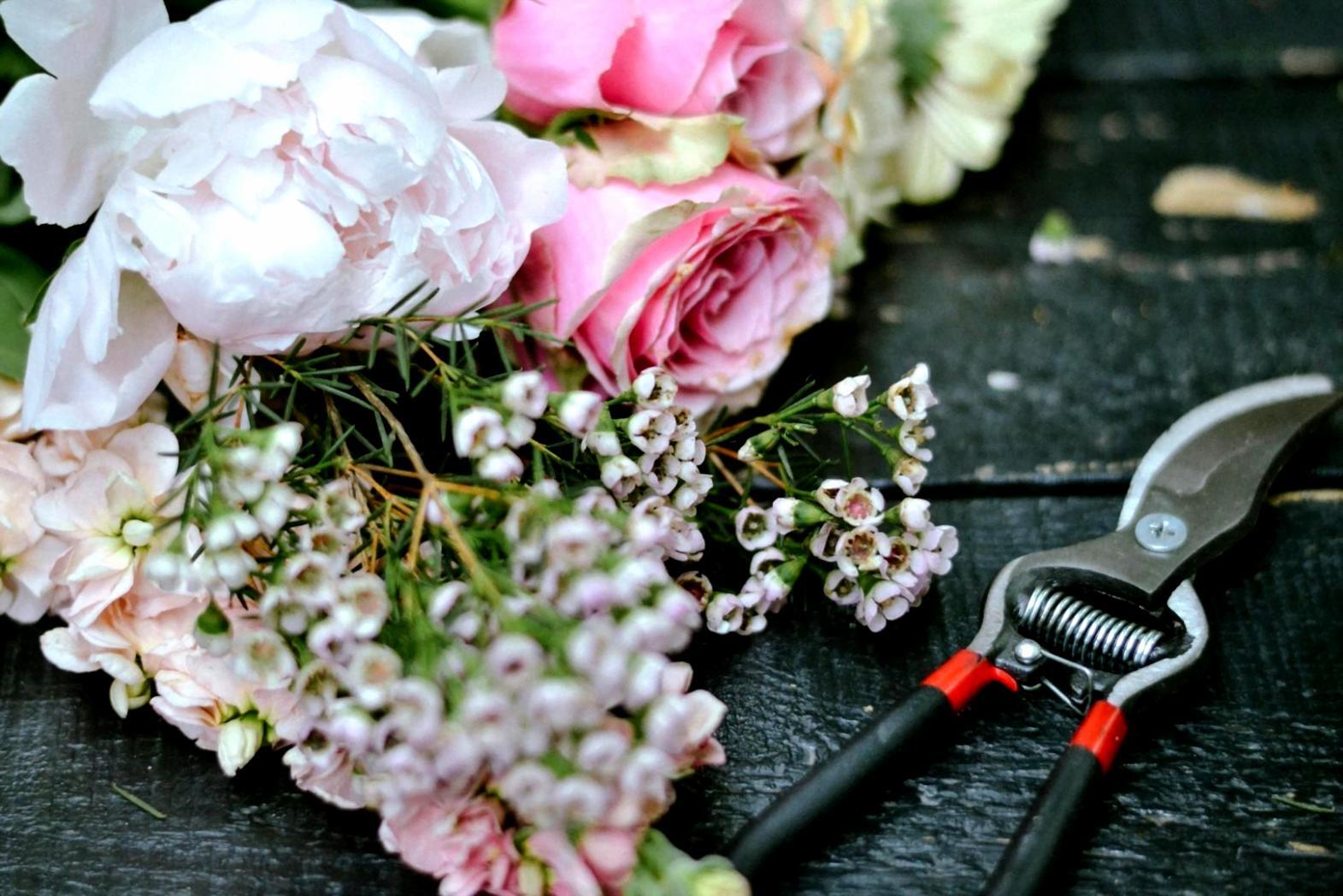 Detailed view of custom floral design process